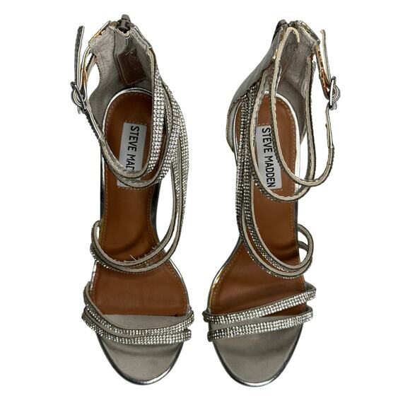 Steve Madden Silver Rhinestone Fiffi Strappy Stiletto Heels Party Cocktail 6 - Picture 2 of 6